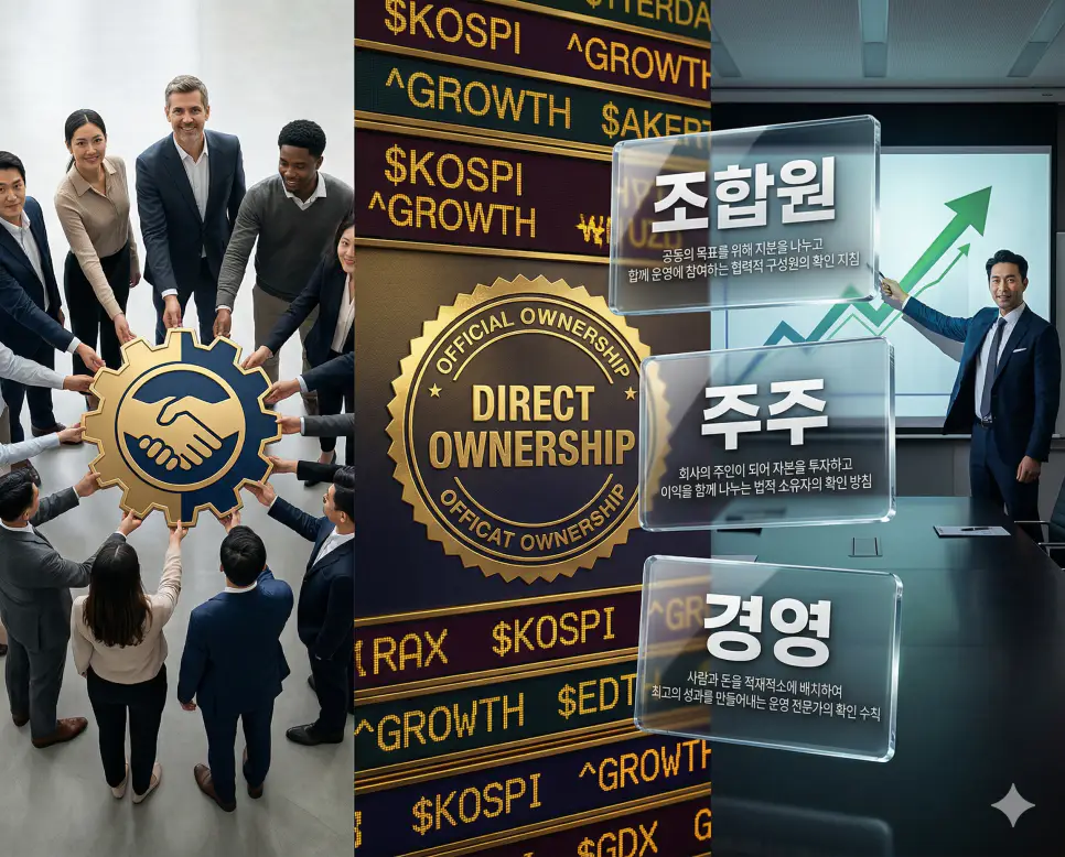 조합원, 주주, 경영 키워드 정의와 각각의 조직 운영 및 자본 투자 상황을 사실적인 배경 위에 유리 패널로 정리한 고품격 실사 인포그래픽