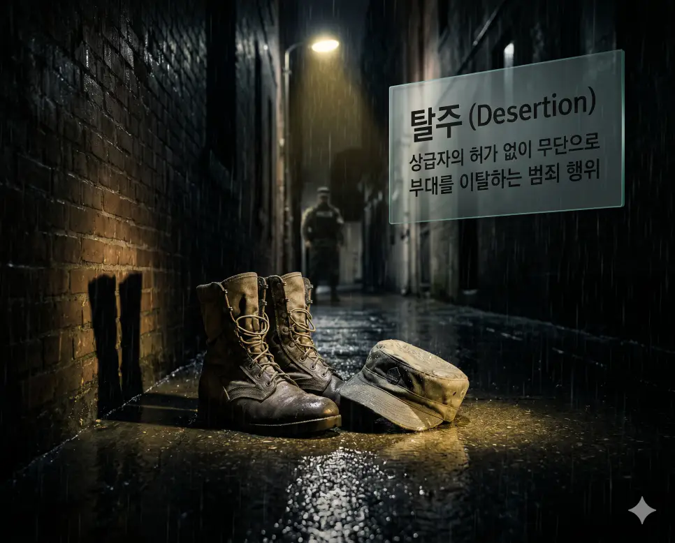 퇴역 뜻, 징집 뜻, 탈주 뜻: 병역 의무의 최종 종료와 국가의 강제 소집 및 무단 부대 이탈 확인 3 탈주 뜻을 정의하기 위해 어두운 골목에 홀로 남겨진 군화와 모자를 통해 군무이탈의 무거운 책임과 법적 결과를 상징적으로 묘사한 고품격 이미지
