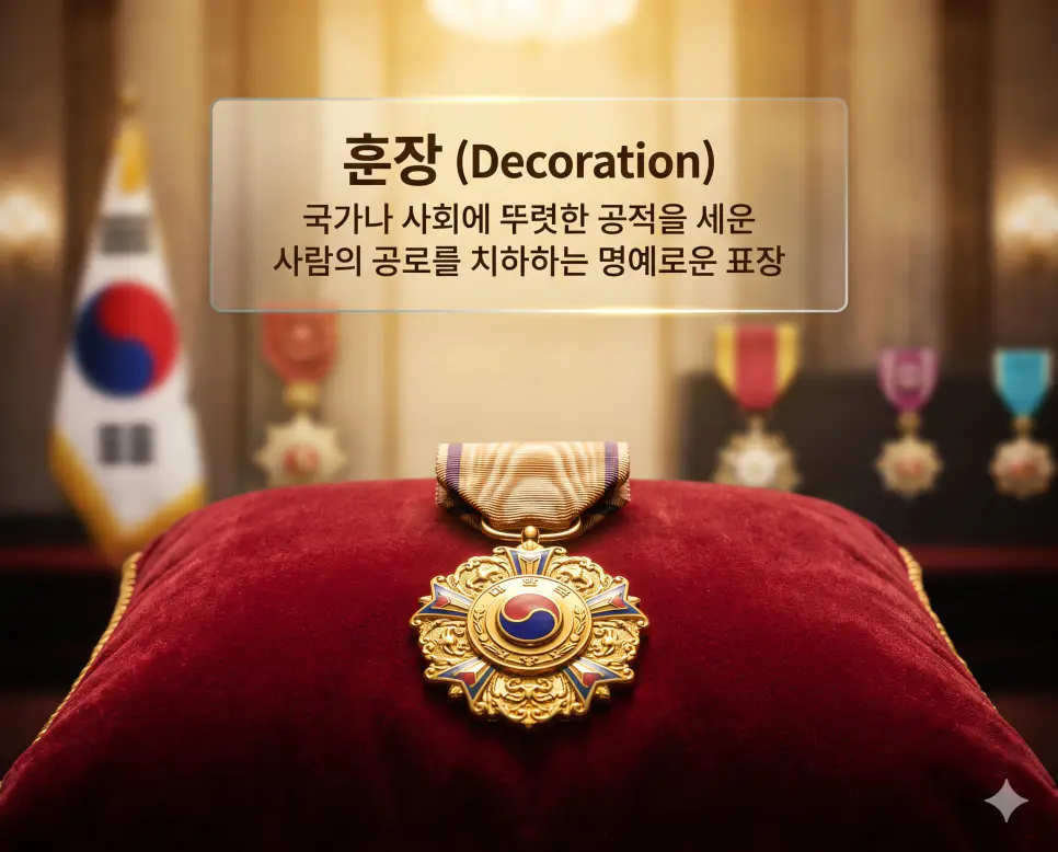 훈장 뜻을 시각화하기 위해 고급스러운 벨벳 위에 놓인 화려한 무공훈장을 통해 국가적 공로자의 명예를 상징적으로 묘사한 이미지