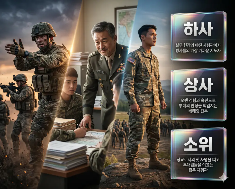 한국인 전문가와 함께 하사, 상사, 소위의 계급 체계와 역할을 분석하여 군 조직의 핵심 간부들이 수행하는 임무를 진단하는 역대급 비주얼 포스터 이미지