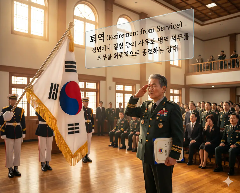 퇴역 뜻, 징집 뜻, 탈주 뜻: 병역 의무의 최종 종료와 국가의 강제 소집 및 무단 부대 이탈 확인 1 퇴역 뜻을 설명하기 위해 수십 년간 헌신한 군 생활을 마무리하며 국기에 대해 마지막 경례를 하는 장교의 명예롭고 감동적인 시네마틱 이미지