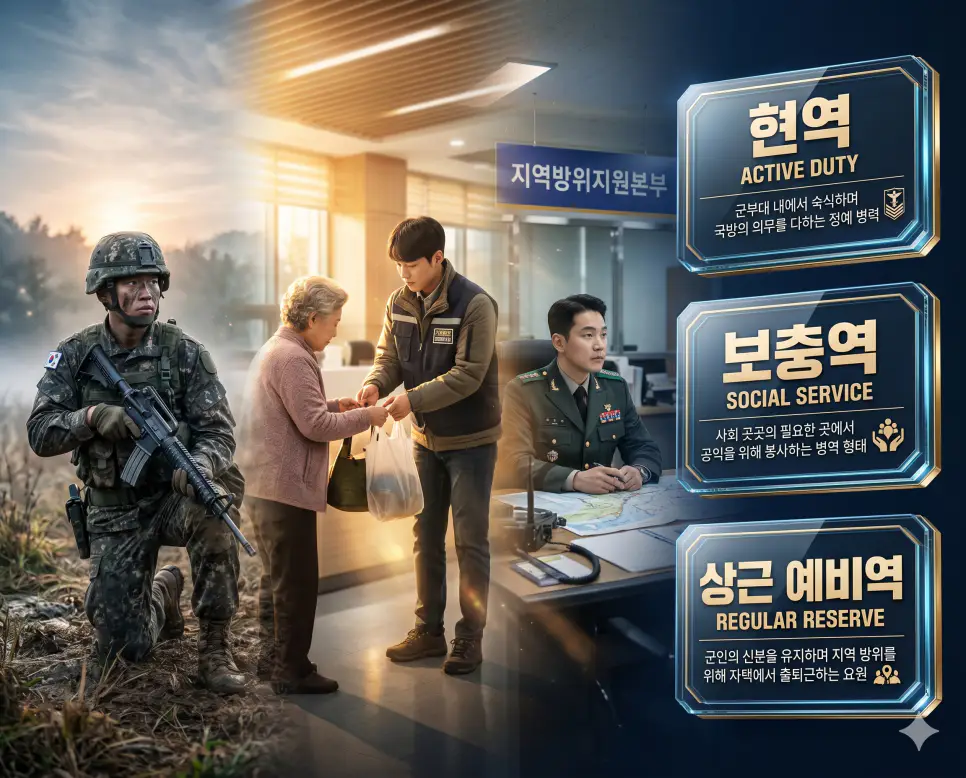 한국인 전문가와 함께 현역, 보충역, 상근 예비역의 차이를 분석하여 대한민국의 다양한 병역 이행 형태와 제도를 진단하는 역대급 비주얼 포스터 이미지