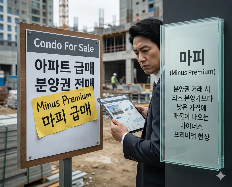 마피 뜻을 시각화하기 위해 부동산 분양권 거래 시장에서 최초 분양가보다 낮은 마이너스 프리미엄 가격으로 매물이 나온 현장의 실사 이미지