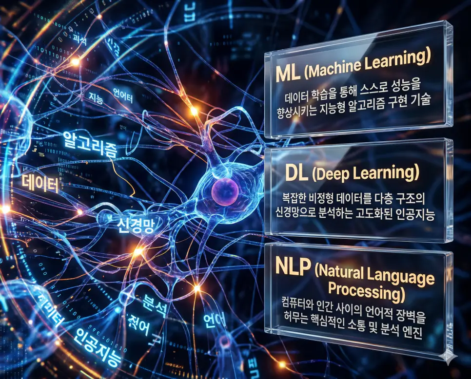 한국인 전문가들과 함께 ML, DL, NLP의 관계를 분석하여 인공지능의 학습 원리와 심층 신경망 및 언어 이해 기술의 핵심 메커니즘을 진단하는 역대급 비주얼 포스터 이미지