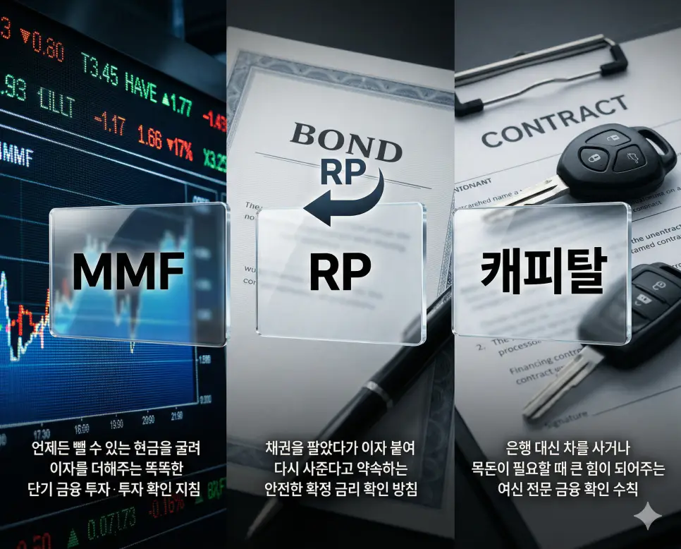 MMF 뜻, RP 뜻, 캐피탈 뜻 정리: 단기 금융 투자와 환매조건부채권 및 여신 확인 4 MMF, RP, 캐피탈 키워드 정의와 각각의 단기 투자 및 여신 금융 활용 상황을 사실적인 배경 위에 유리 패널로 정리한 고품격 실사 인포그래픽