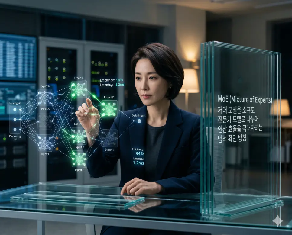 MCP 뜻, MoE 뜻, AI 증류 뜻 정리: 인공지능 확장성과 최적화 기술 확인 2 MoE 뜻을 시각화하기 위해 거대 인공지능 모델을 소규모 전문가 모델로 나누어 필요한 부분만 활성화하는 연산 효율 극대화 구조의 실사 이미지