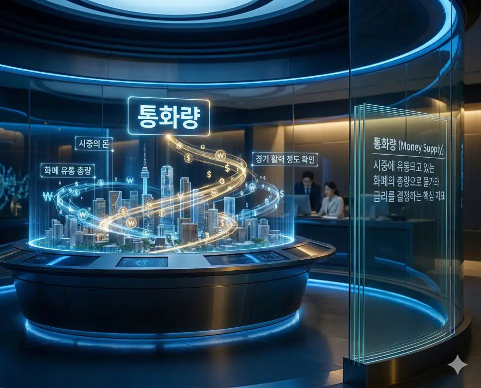 수수료 뜻, 통화량 뜻, 환율 뜻: 서비스 대가와 시중 돈의 양 및 화폐 교환 비율 정리 2 시중에 유통되는 화폐의 총량으로 물가와 금리 등 국가 경제의 활력 정도를 결정하는 통화량 지표를 홀로그램으로 표현한 실사 이미지