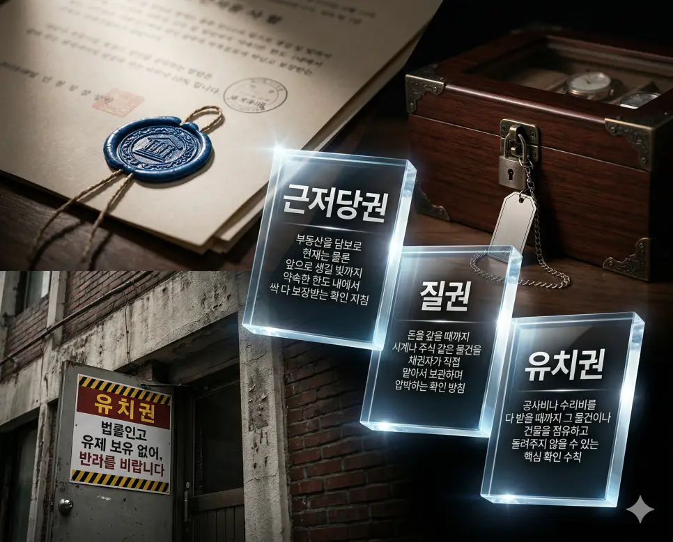 근저당권 뜻, 질권 뜻, 유치권 뜻 정리: 미래 담보와 동산 점유 및 인도 거절 확인 4 근저당권, 질권, 유치권 키워드 정의와 각각의 담보 설정 및 권리 행사 상황을 사실적인 배경 위에 유리 패널로 정리한 고품격 실사 인포그래픽