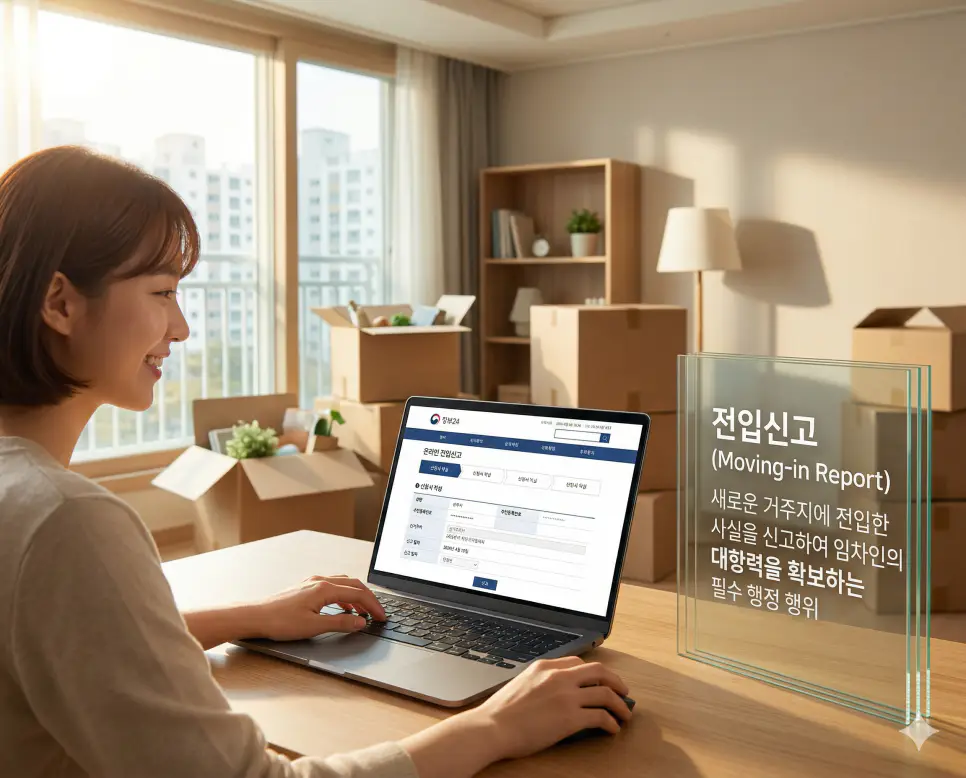 명도소송 뜻, 전입신고 뜻, 이행강제금 뜻 정리: 강제 퇴거와 거주지 등록 및 이행 압박 확인 2 전입신고 뜻을 시각화하기 위해 새로운 거주지로 이사한 후 임차인의 대항력을 확보하고 행정 권리를 등록하기 위해 온라인 포털에 신고하는 실사 이미지