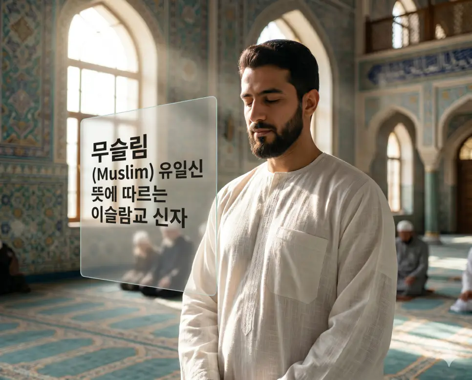 무슬림 뜻, 유대교 뜻, 율법 뜻: 이슬람교 신자와 유대 민족의 신앙 및 종교적 규범 체계 확인 1 무슬림 뜻을 설명하기 위해 경건하게 기도하는 이슬람교 신자의 모습을 빛과 그림자가 조화로운 고화질 실사 사진으로 묘사한 이미지