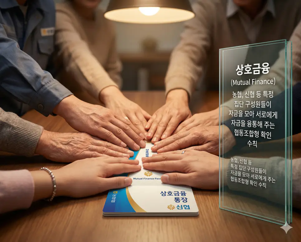 상호금융 뜻을 상징하기 위해 조합원들이 자금을 모아 서로 돕는 협동조합형 금융인 농협 또는 신협의 통장과 협력을 상징하는 손들의 실사 이미지