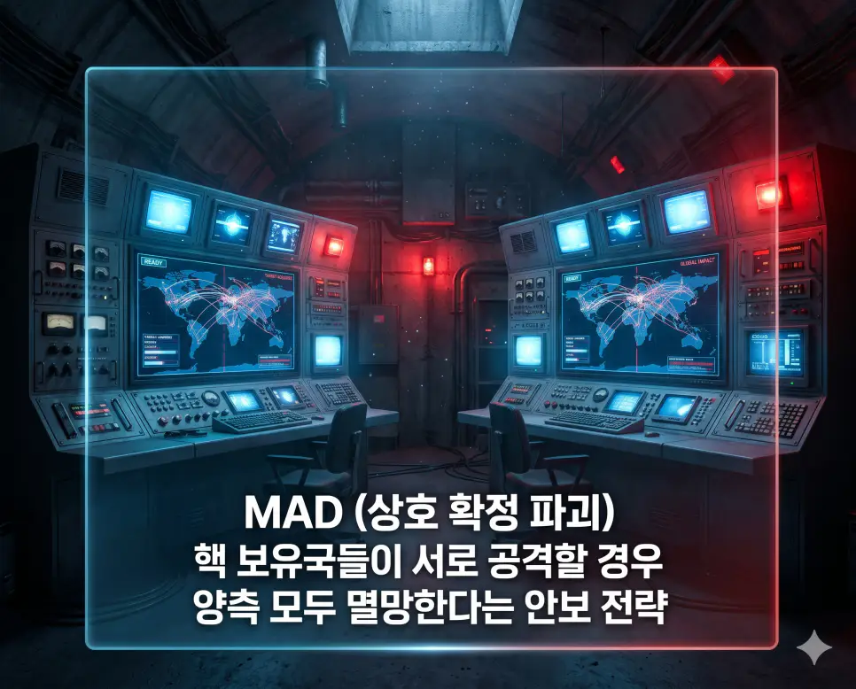 벙커버스터 (Bunker Buster) 뜻, NATO 뜻, MAD 뜻: 지하 요새 파괴 폭탄과 북대서양 조약 기구 및 상호 확정 파괴 확인 3 MAD 뜻을 정의하기 위해 핵무기를 보유한 양측이 공격 시 공멸하게 되는 상호 확정 파괴의 긴장감 넘치는 상황을 묘사한 전략 안보 이미지