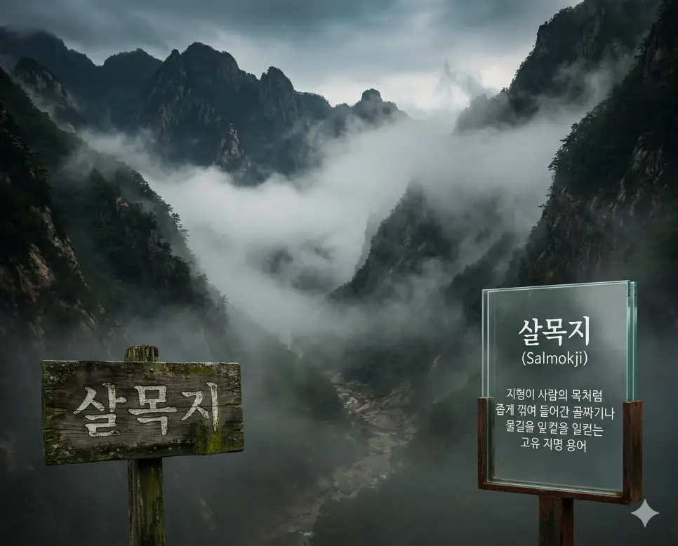 살목지 뜻을 설명하기 위해 사람의 목처럼 좁게 꺾여 들어간 기묘하고 신비로운 골짜기 지형과 안개가 자욱한 산길을 촬영한 실사 이미지