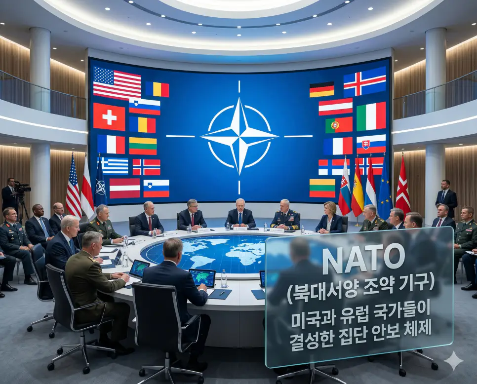 벙커버스터 (Bunker Buster) 뜻, NATO 뜻, MAD 뜻: 지하 요새 파괴 폭탄과 북대서양 조약 기구 및 상호 확정 파괴 확인 2 NATO 뜻을 시각화하기 위해 회원국들의 국기가 게양된 회의장에서 미국과 유럽의 리더들이 집단 안보 체제를 논의하는 고품격 실사 이미지