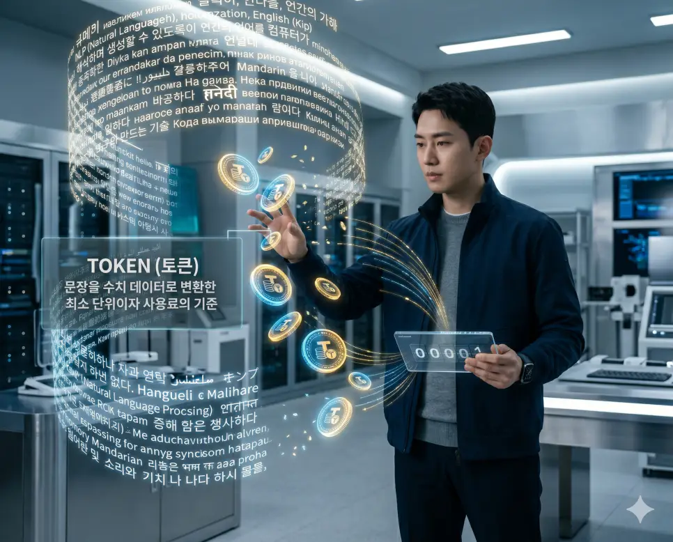 TOKEN 뜻을 정의하기 위해 한국인 개발자가 문장을 분석하여 AI 연산의 최소 단위이자 비용 산정의 기준인 디지털 토큰 코인을 확인하는 프리미엄 실사 이미지