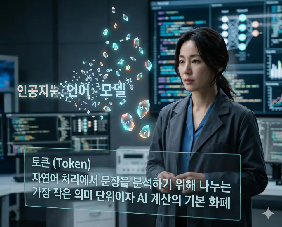 토큰 뜻을 시각화하기 위해 한국인 데이터 과학자가 문장을 분석하여 AI 계산의 기본 단위인 빛나는 크리스탈 조각들로 나누는 정밀한 과정을 보여주는 고품격 실사 이미지