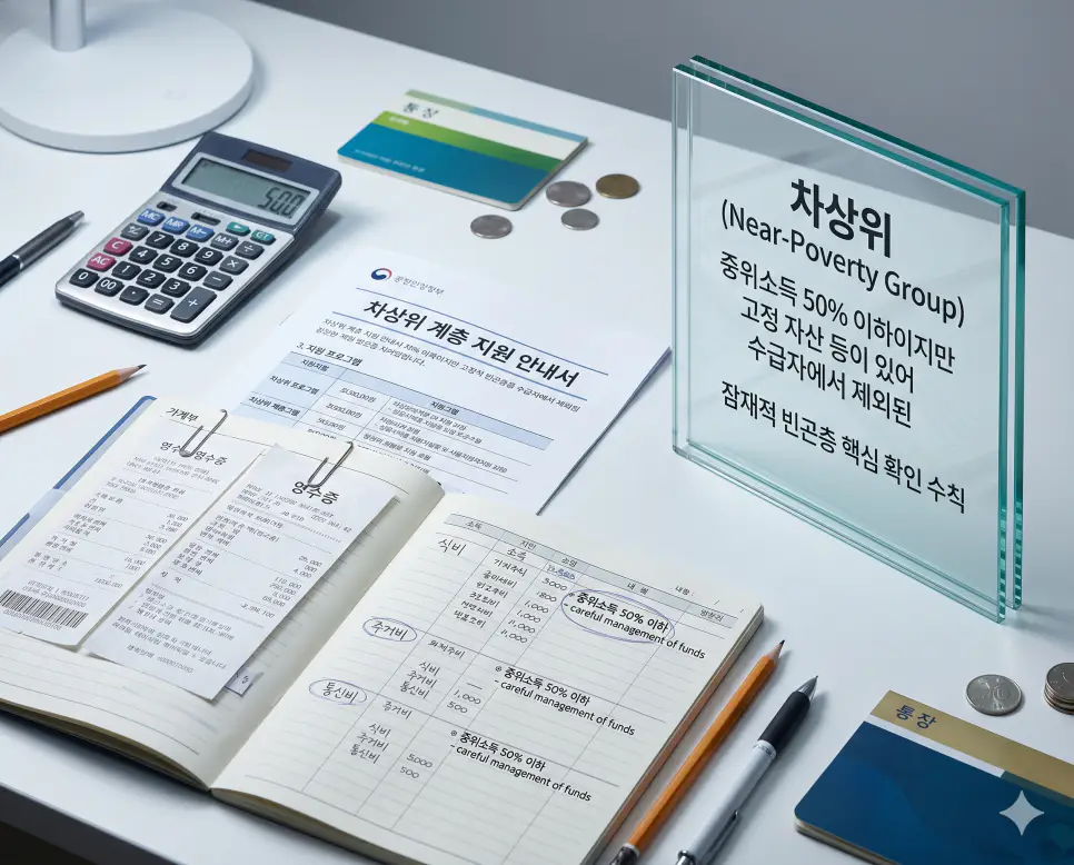 차상위 뜻을 상징하기 위해 중위소득 50% 이하이지만 고정 자산 등이 있어 수급자에서 제외된 잠재적 빈곤층을 위한 국가 지원 안내서의 실사 이미지