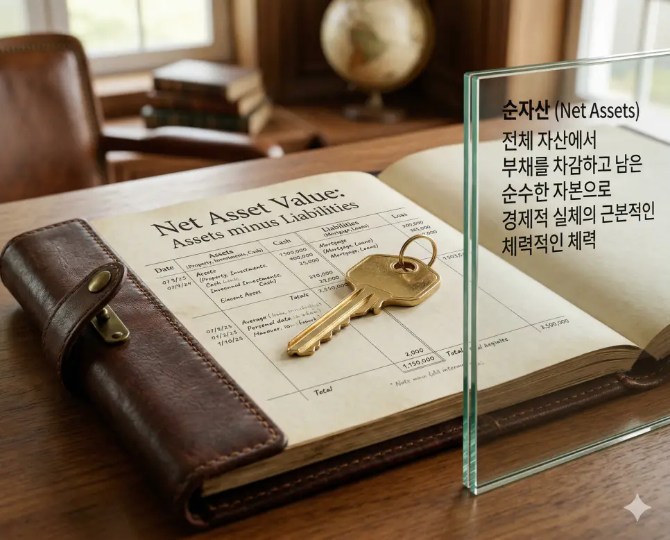 손익 뜻, 손익분기점 뜻, 순자산 뜻: 이익과 손실 및 손익분기점과 진짜 내 재산 정리 3 순자산 뜻을 상징하기 위해 자산에서 부채를 뺀 가치를 기록한 장부와 자산 가치를 상징하는 열쇠를 세련되게 포착한 실사 촬영 이미지