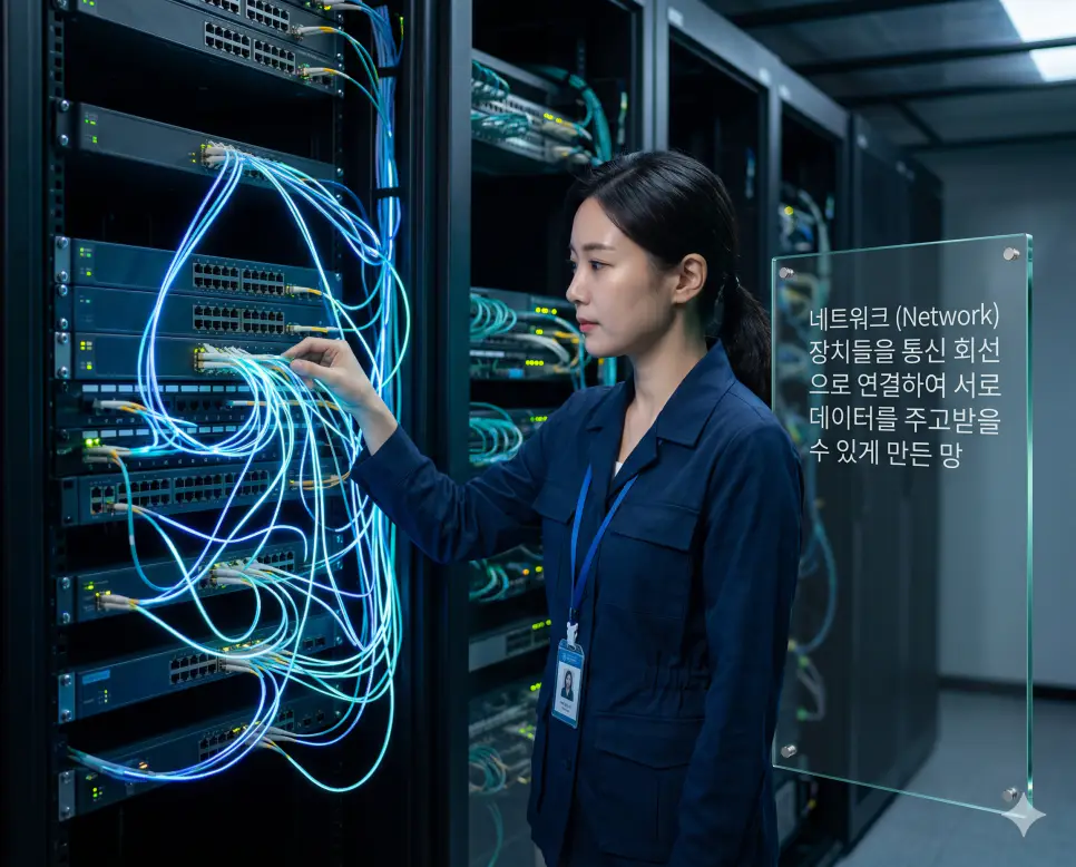 펌웨어 뜻, 네트워크 뜻, 인터넷 뜻 정리: 하드웨어 제어와 데이터 통신망 확인 2 네트워크 뜻을 시각화하기 위해 한국인 전문가가 여러 장치를 통신 회선으로 연결하여 데이터를 원활하게 주고받을 수 있는 망 시스템을 점검하는 실사 이미지