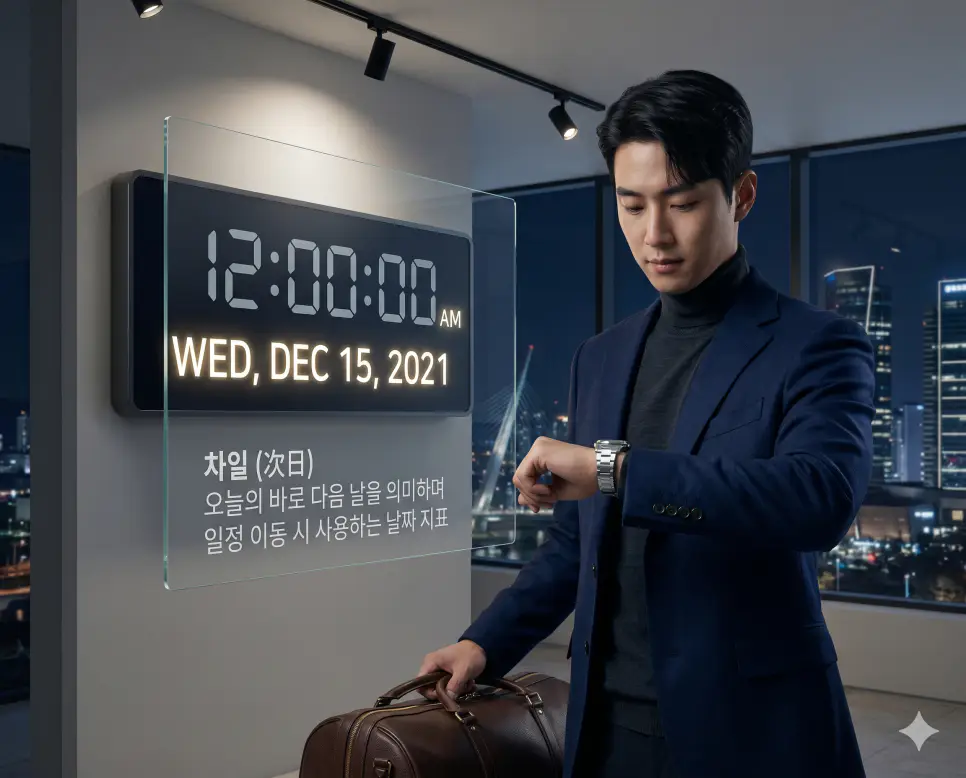 금주 차주 뜻, 익주 뜻, 차일 뜻: 업무 일정 관리를 위한 시간 용어 완벽 정리 3 차일 뜻을 정의하기 위해 한국인 전문가가 오늘의 바로 다음 날로 넘어가는 디지털 시계의 날짜 변환을 확인하며 내일의 계획을 준비하는 프리미엄 실사 이미지