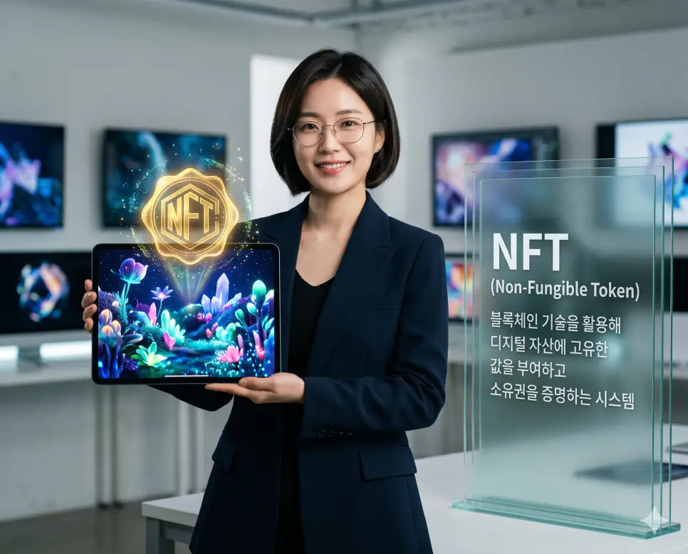 UGC 뜻, NFT 뜻, RE100 뜻 정리: 사용자 제작 콘텐츠와 미래 자산 및 환경 확인 2 NFT 뜻을 시각화하기 위해 한국인 디지털 아티스트가 블록체인 기술로 고유한 소유권이 부여된 대체 불가능 토큰 형태의 예술 작품을 공개하는 실사 이미지