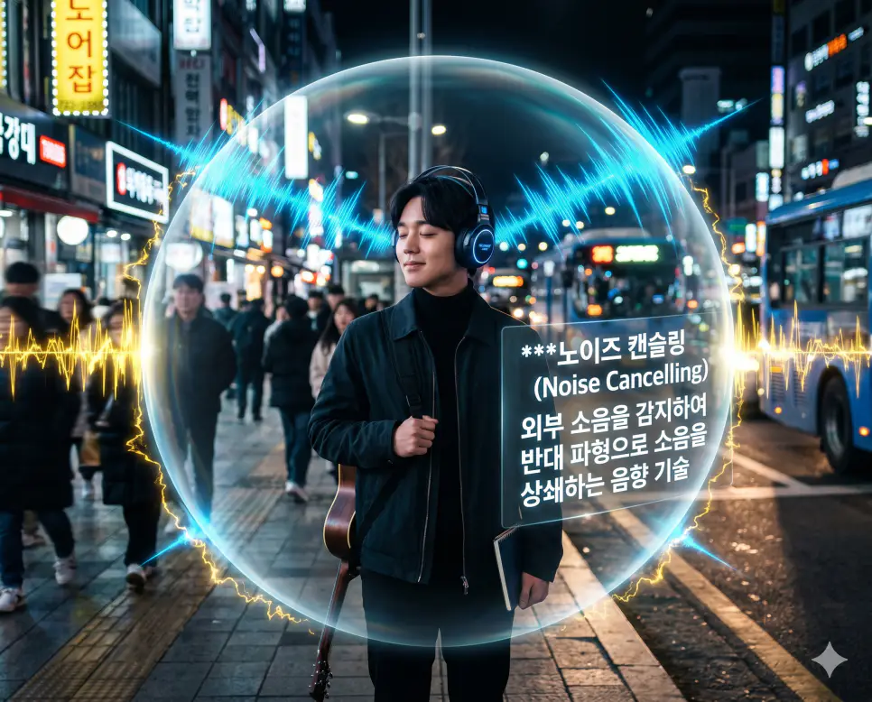 노이즈 캔슬링 뜻, 햅틱 뜻, 시리 뜻: 소음 차단 기술과 촉각 피드백 및 인공지능 비서 확인 1 노이즈 캔슬링 뜻을 설명하기 위해 한국인 뮤지션이 소음 상쇄 파형을 통해 도심 속에서 정적을 느끼며 고음질 음악을 감상하는 시네마틱 이미지
