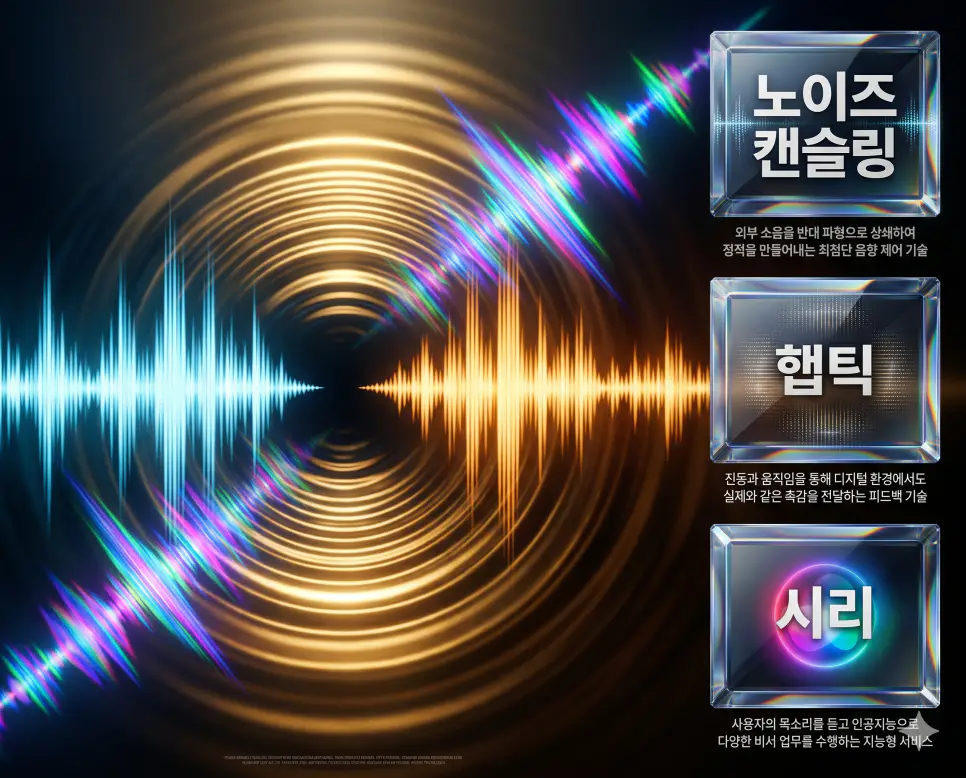 노이즈 캔슬링 뜻, 햅틱 뜻, 시리 뜻: 소음 차단 기술과 촉각 피드백 및 인공지능 비서 확인 4 한국인 전문가들과 함께 노이즈 캔슬링, 햅틱, 시리의 관계를 분석하여 소리 차단과 촉각 피드백 및 AI 비서 기술의 핵심 원리를 진단하는 역대급 비주얼 포스터 이미지
