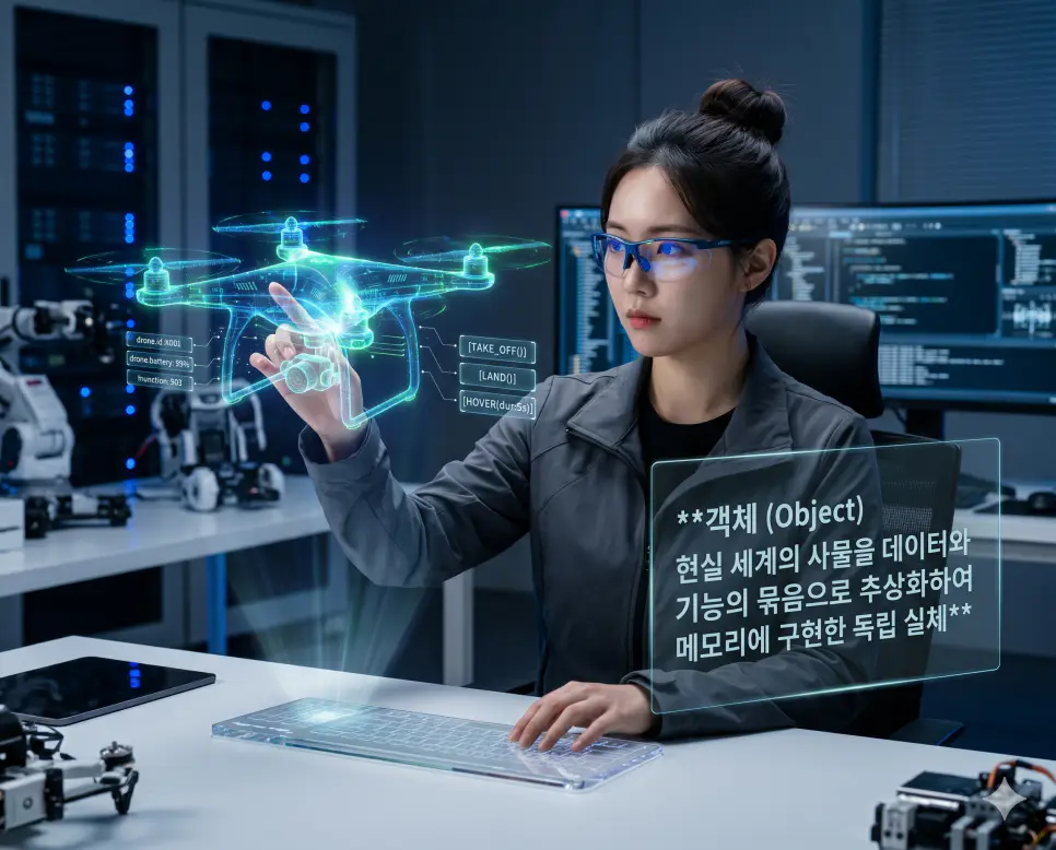 객체 뜻을 시각화하기 위해 한국인 개발자가 데이터 속성과 기능을 가진 독립 실체인 홀로그램 드론을 메모리상에 구현하는 고품격 실사 이미지