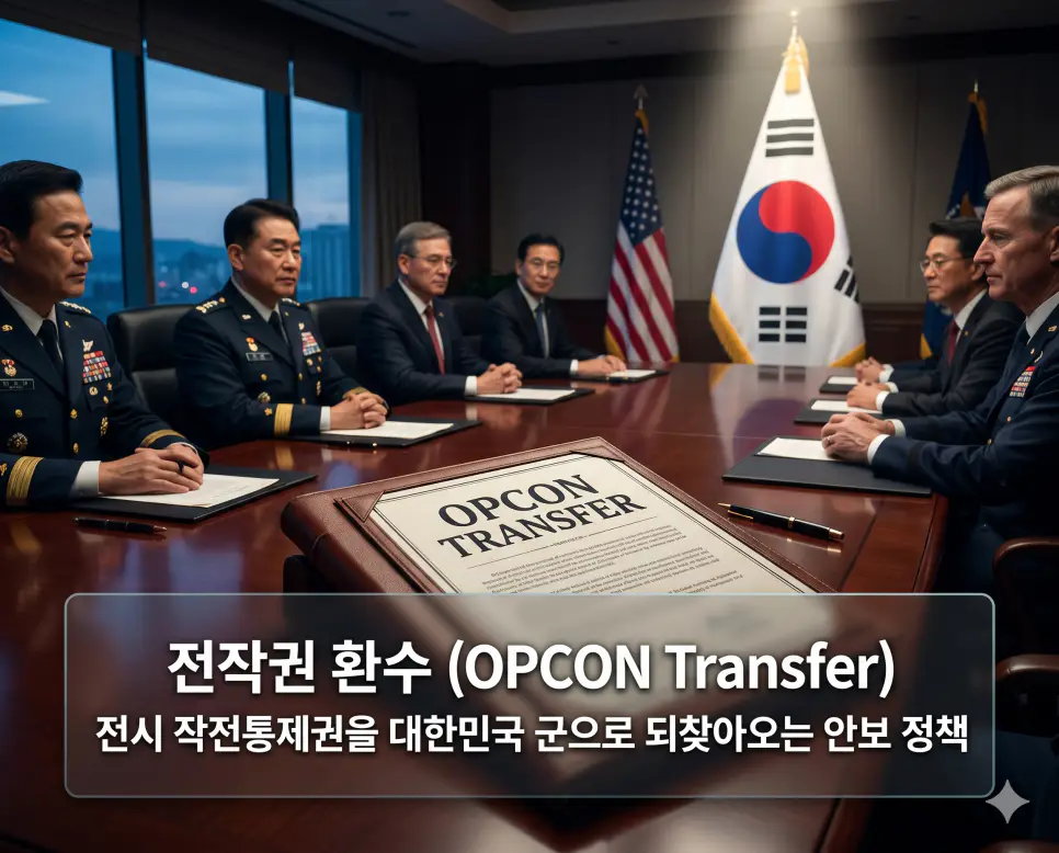 전작권 환수 뜻을 정의하기 위해 한미 양국의 안보 정책 결정 과정과 대한민국 군으로의 지휘권 이양을 상징하는 엄숙하고 권위 있는 이미지
