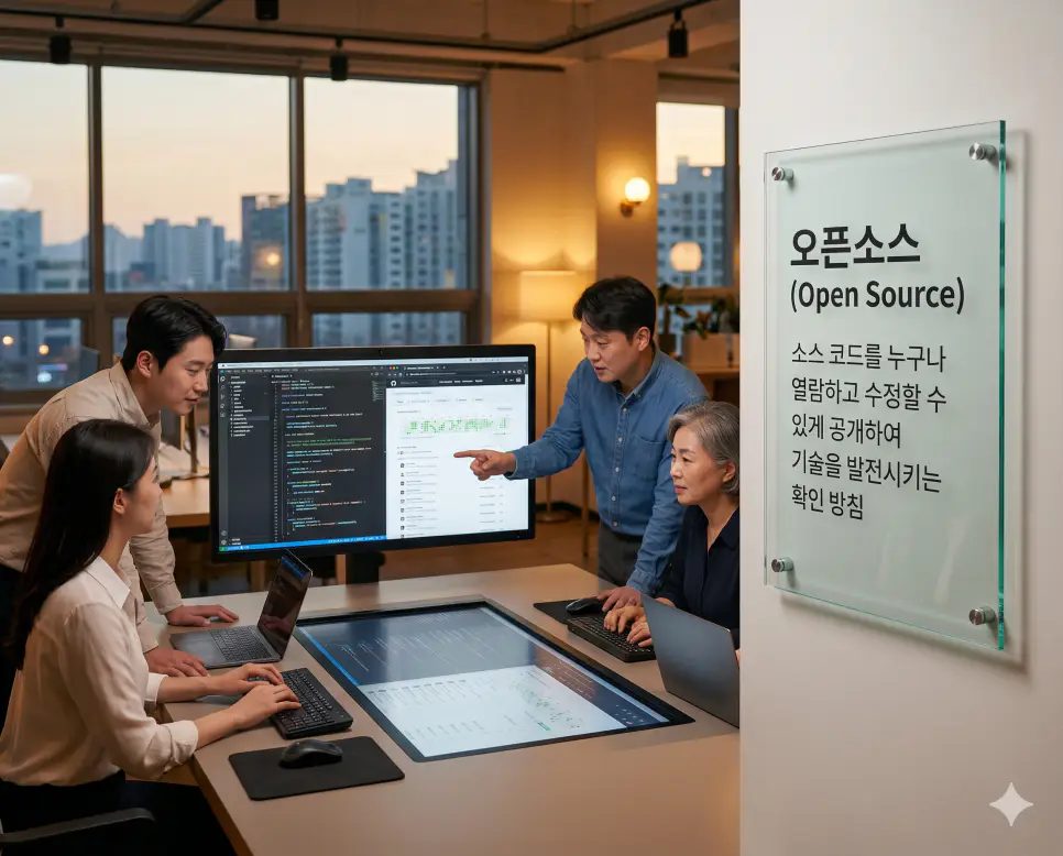 빅데이터 뜻, 오픈소스 뜻, 데이터 마이닝 뜻 정리: 데이터 가치 창출 확인 지침 2 오픈소스 뜻을 시각화하기 위해 한국인 개발자들이 소프트웨어 설계도를 공유하고 함께 소스 코드를 수정하며 기술 혁신을 이루는 협업 공간 실사 이미지