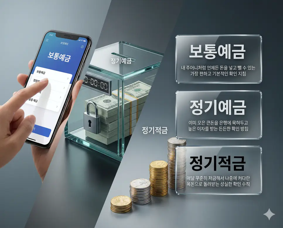 보통예금 뜻, 정기예금 뜻, 정기적금 뜻 정리: 입출금 통장과 목돈 예치 및 적립 확인 4 보통예금, 정기예금, 정기적금 키워드 정의와 각각의 입출금 및 목돈 마련 상황을 사실적인 배경 위에 유리 패널로 정리한 고품격 실사 인포그래픽