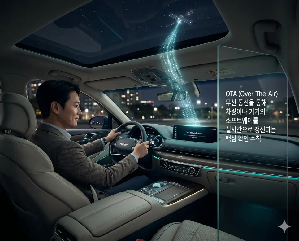 TPU 뜻, HBM 뜻, OTA 뜻 정리: AI 반도체 성능과 무선 업데이트 확인 지침 3 OTA 뜻을 정의하기 위해 한국인 운전자가 전기차 내부에서 무선 통신을 통해 실시간으로 시스템 소프트웨어를 업데이트하는 미래지향적인 실사 이미지