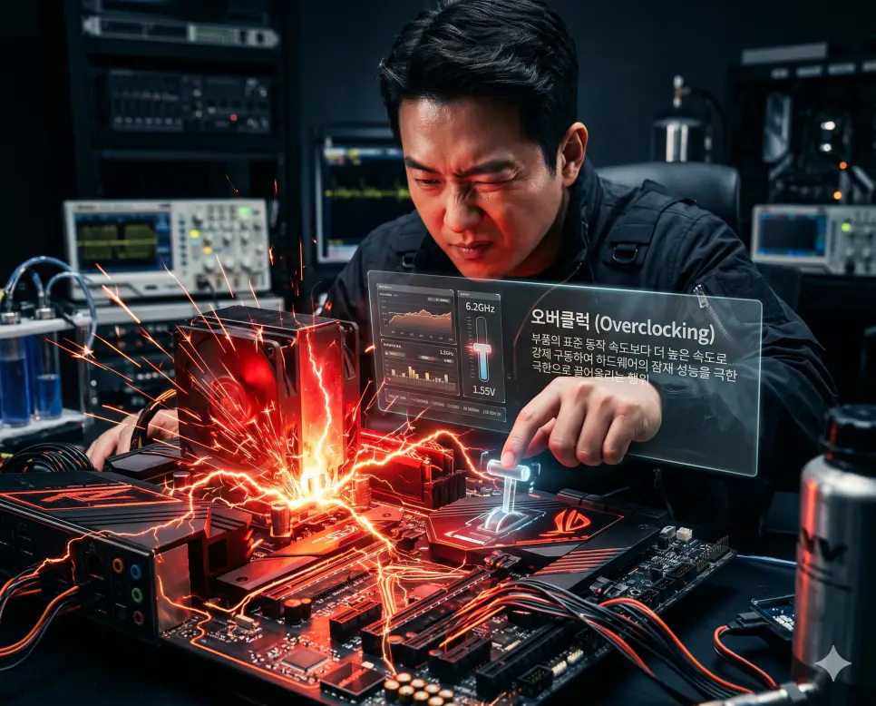 스냅샷 뜻, 코어 뜻, 오버클럭 뜻: 순간 기록 데이터와 CPU 핵심 장치 및 성능 강제 향상 확인 3 오버클럭 뜻을 정의하기 위해 한국인 전문가가 하드웨어의 잠재 성능을 끌어올리기 위해 표준 속도를 넘어 시스템을 강제 구동하는 역동적인 튜닝 과정의 프리미엄 실사 이미지