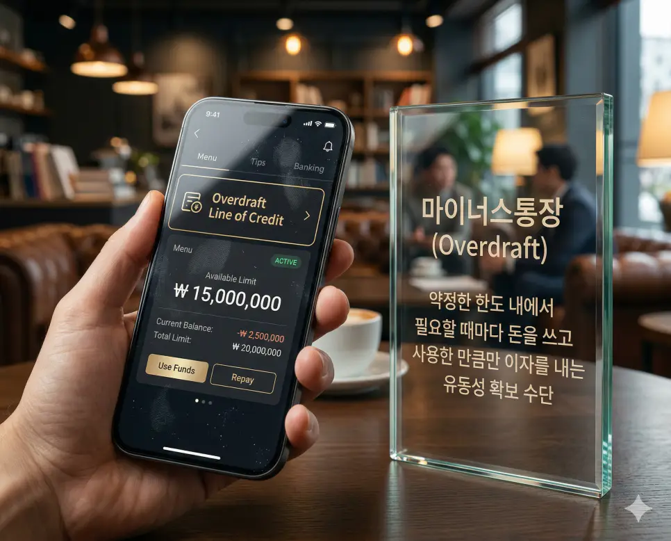 대환대출 뜻, 마이너스통장 뜻, 거치기간 뜻 정리: 이자 절감과 유동성 확보 확인 2 마이너스통장 뜻을 시각화하기 위해 모바일 뱅킹 앱에서 약정한 한도와 사용 가능한 유동성을 실시간으로 확인하는 경영 현장을 생생하게 촬영한 실사 이미지