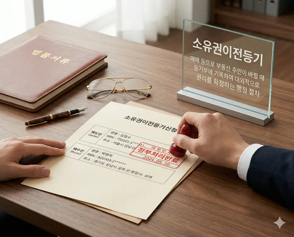 소유권이전등기 뜻, 명도 뜻, 인도 뜻 정리: 주인 변경과 건물 비우기 및 점유 이전 확인 1 소유권이전등기 뜻을 설명하기 위해 부동산 매매 후 등기소에서 공식적으로 주인을 변경 등록하고 등기필증을 수령하는 법적 절차의 실사 이미지