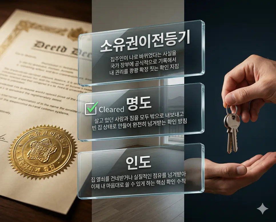 소유권이전등기 뜻, 명도 뜻, 인도 뜻 정리: 주인 변경과 건물 비우기 및 점유 이전 확인 4 소유권이전등기, 명도, 인도 키워드 정의와 각각의 등기 등록 및 거주지 비우기 상황을 사실적인 배경 위에 유리 패널로 정리한 고품격 실사 인포그래픽