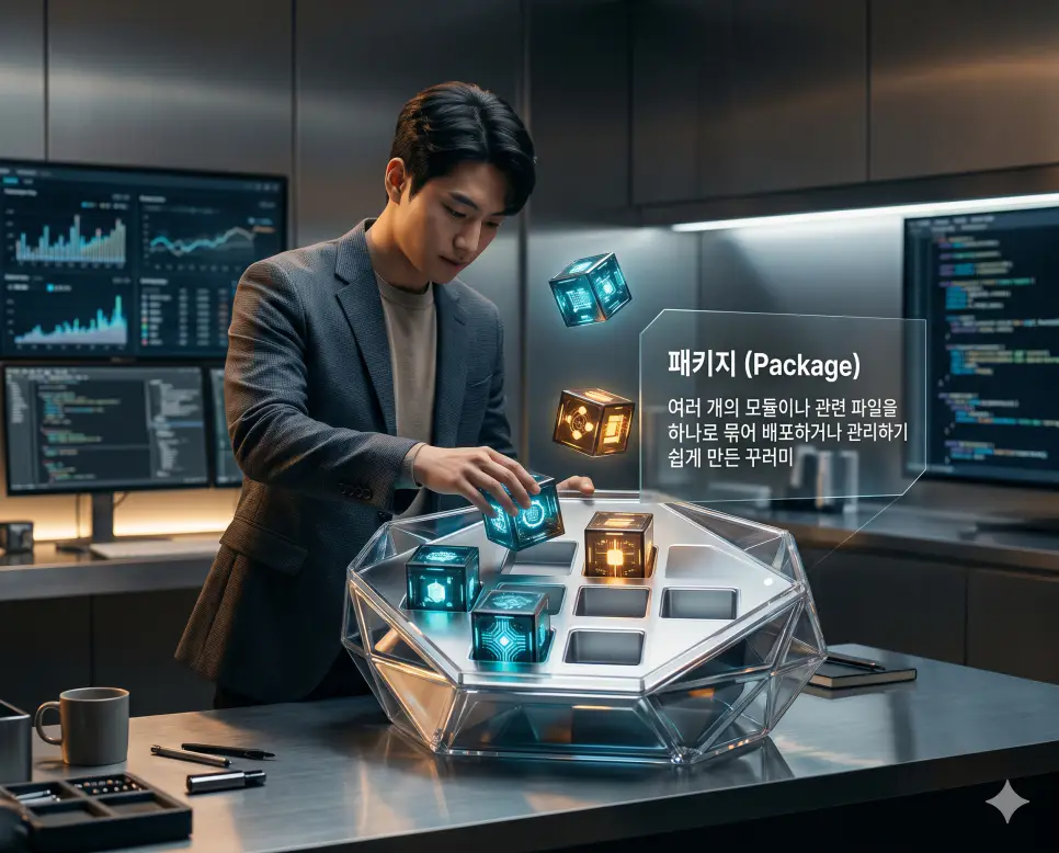 프레임워크 뜻, 모듈 뜻, 패키지 뜻: 개발 설계 뼈대와 독립 부품 및 관리 꾸러미 확인 3 패키지 뜻을 정의하기 위해 한국인 개발자가 여러 개의 코드 모듈을 배포하기 쉽게 크리스탈 꾸러미에 묶어 정리하는 프리미엄 실사 이미지
