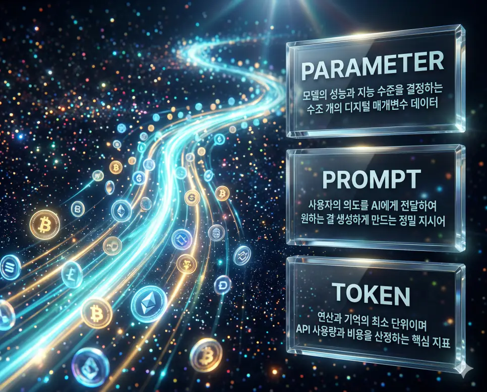 한국인 전문가들과 함께 PARAMETER, PROMPT, TOKEN의 관계를 분석하여 인공지능 매개변수와 지시어 및 연산 단위의 핵심 원리를 진단하는 역대급 비주얼 포스터 이미지