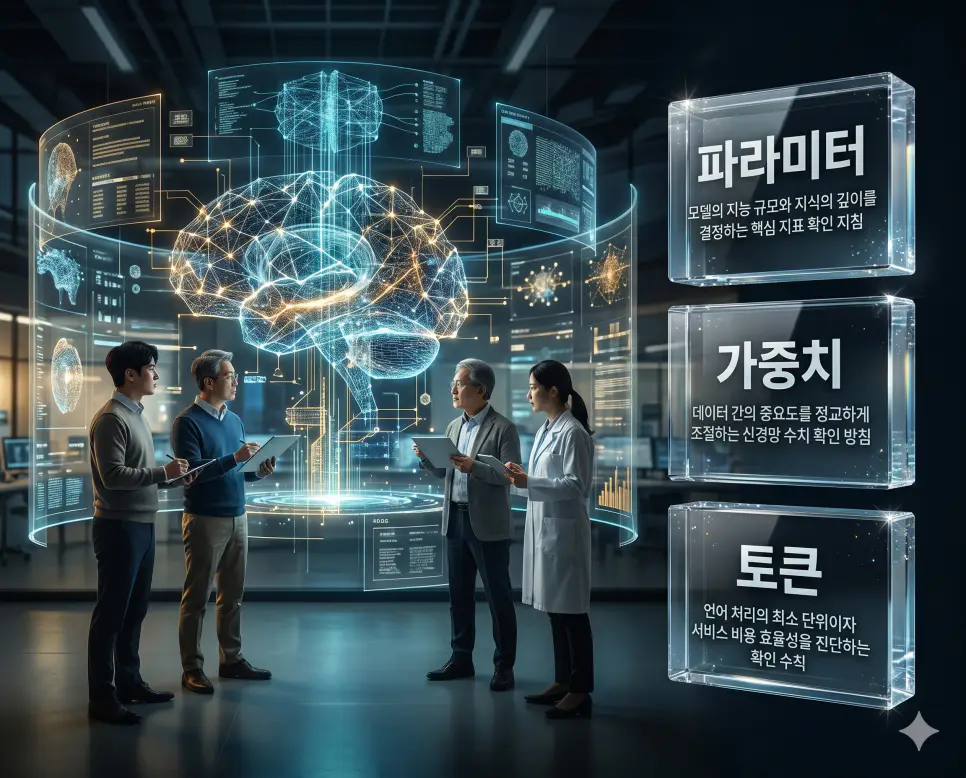 한국인 전문가들과 함께 파라미터, 가중치, 토큰의 기술적 지표를 한눈에 분석하여 AI의 성능과 비용 효율성을 진단하는 프리미엄 FAQ 통합 포스터 이미지