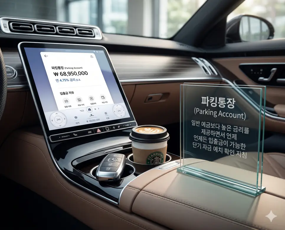 파킹통장 뜻, 환매 뜻, 카드론 뜻 정리: 자산 유동성과 금융 서비스 활용 확인 1 파킹통장 뜻을 설명하기 위해 일반 예금보다 높은 금리를 제공하며 언제든 입출금이 가능한 계좌의 잔액이 표시된 모바일 뱅킹 화면과 고급스러운 소품 실사 이미지