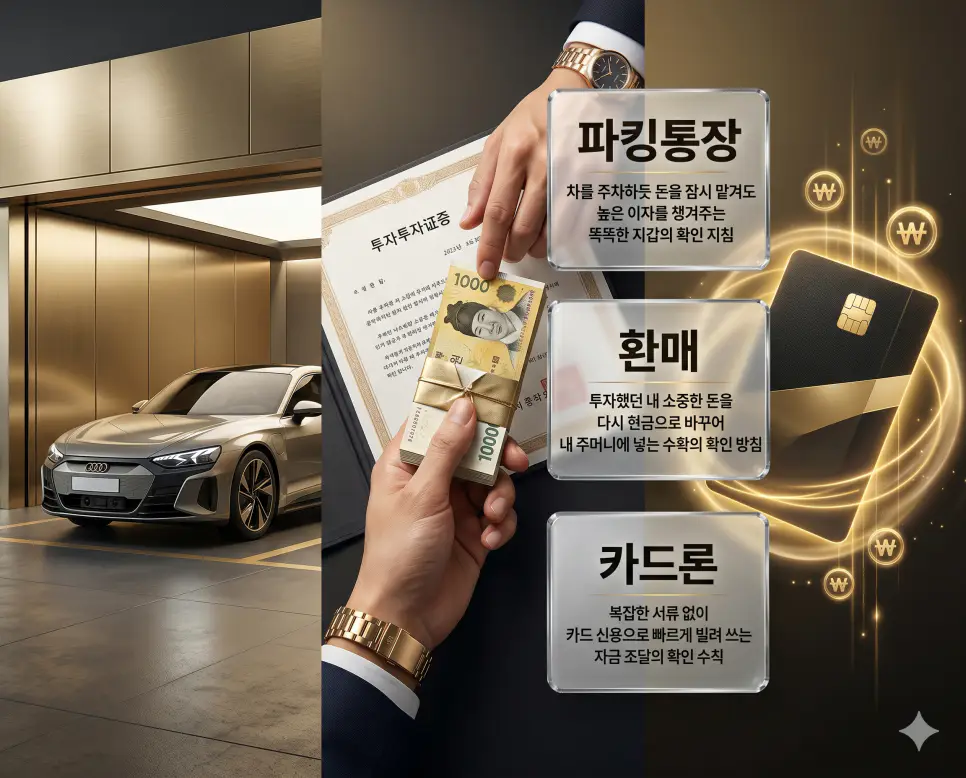 파킹통장 뜻, 환매 뜻, 카드론 뜻 정리: 자산 유동성과 금융 서비스 활용 확인 4 파킹통장, 환매, 카드론 키워드 정의와 각각의 자산 운용 및 자금 조달 상황을 사실적인 배경 위에 유리 패널로 정리한 고품격 실사 인포그래픽