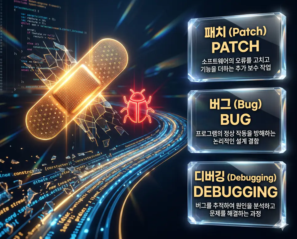 한국인 전문가들과 함께 패치, 버그, 디버깅의 관계를 분석하여 소프트웨어 유지보수와 오류 수정의 핵심 원리를 진단하는 역대급 비주얼 포스터 이미지