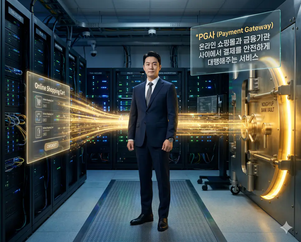 간편결제 뜻을 시각화하기 위해 한국인 쇼퍼가 스마트폰 생체인증을 통해 복잡한 절차 없이 즉시 결제를 완료하는 편리한 과정을 보여주는 고품격 실사 이미지