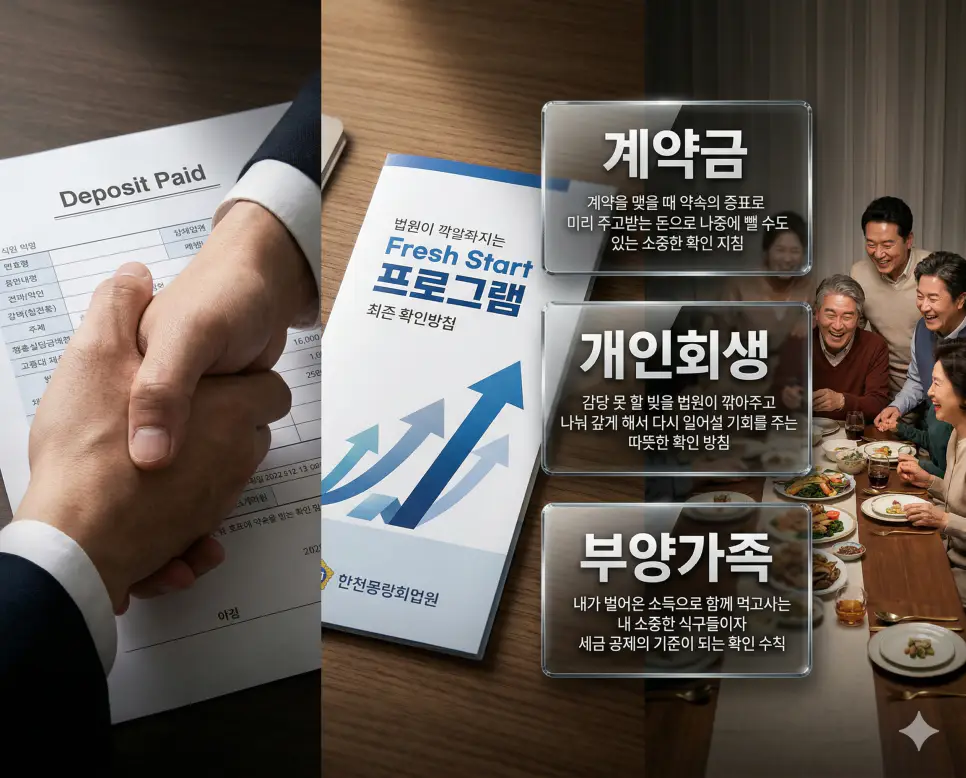 계약금 뜻, 개인회생 뜻, 부양가족 뜻 정리: 계약 증거금과 채무 재조정 및 생계 기준 확인 4 계약금, 개인회생, 부양가족 키워드 정의와 각각의 계약 증거 및 채무 조정 상황을 사실적인 배경 위에 유리 패널로 정리한 고품격 실사 인포그래픽