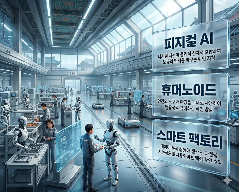 피지컬 AI 뜻, 휴머노이드 뜻, 스마트 팩토리 뜻: 물리적 인공지능 확인 지침 4 한국인 전문가들과 함께 피지컬 AI, 휴머노이드, 스마트 팩토리의 기술적 지표를 한눈에 분석하여 무인 생산 시대의 가능성을 진단하는 프리미엄 포스터 이미지