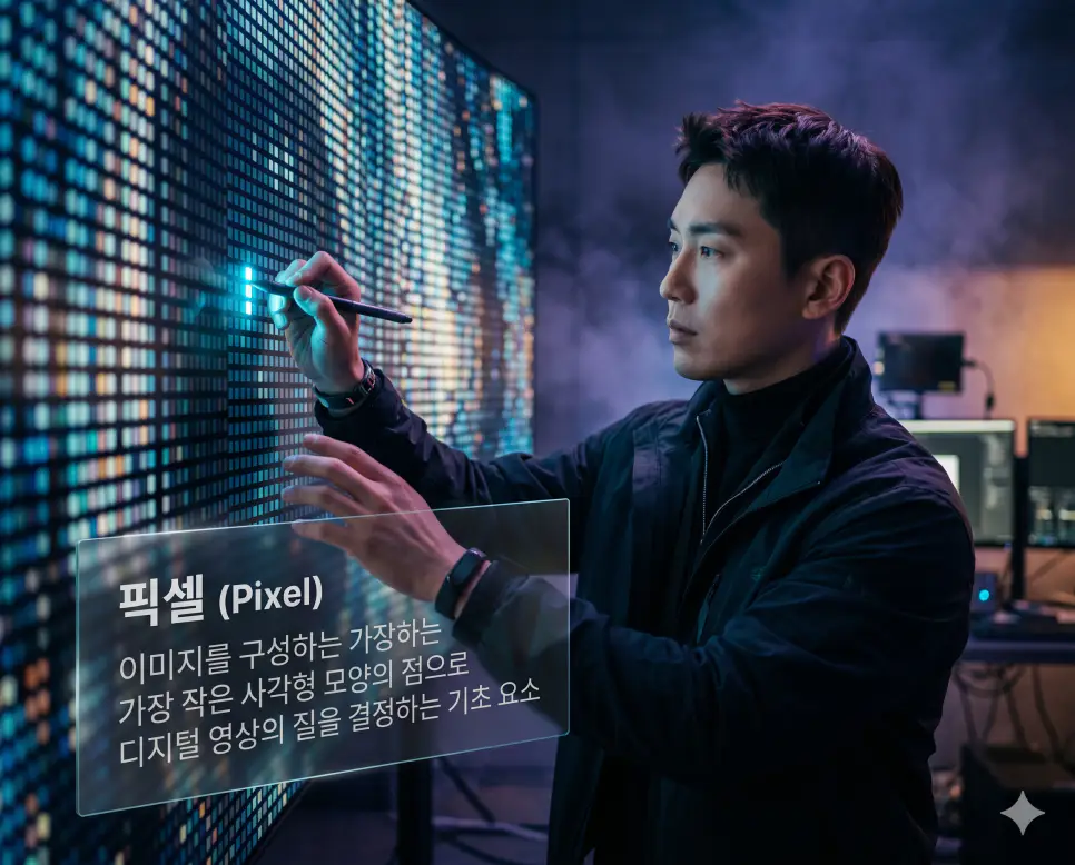 트래픽 뜻, 해상도 뜻, 픽셀 뜻: 데이터 흐름량과 화면 정밀도 및 디지털 최소 단위 확인 3 픽셀 뜻을 정의하기 위해 한국인 아티스트가 디지털 이미지의 가장 작은 단위인 사각형 화소를 정밀하게 조정하는 과정을 보여주는 프리미엄 실사 이미지