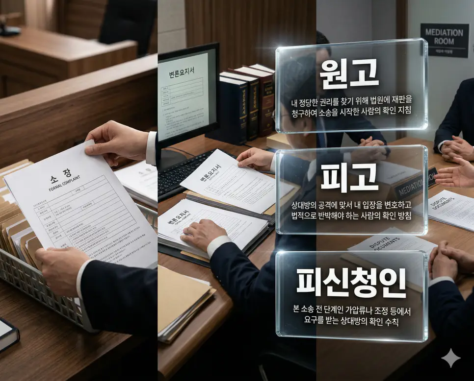 원고 뜻, 피고 뜻, 피신청인 뜻 정리: 소송 당사자와 신청 상대방 법적 지위 확인 4 원고, 피고, 피신청인 키워드 정의와 각각의 소송 제기 및 재판 대응 상황을 사실적인 배경 위에 유리 패널로 정리한 고품격 실사 인포그래픽