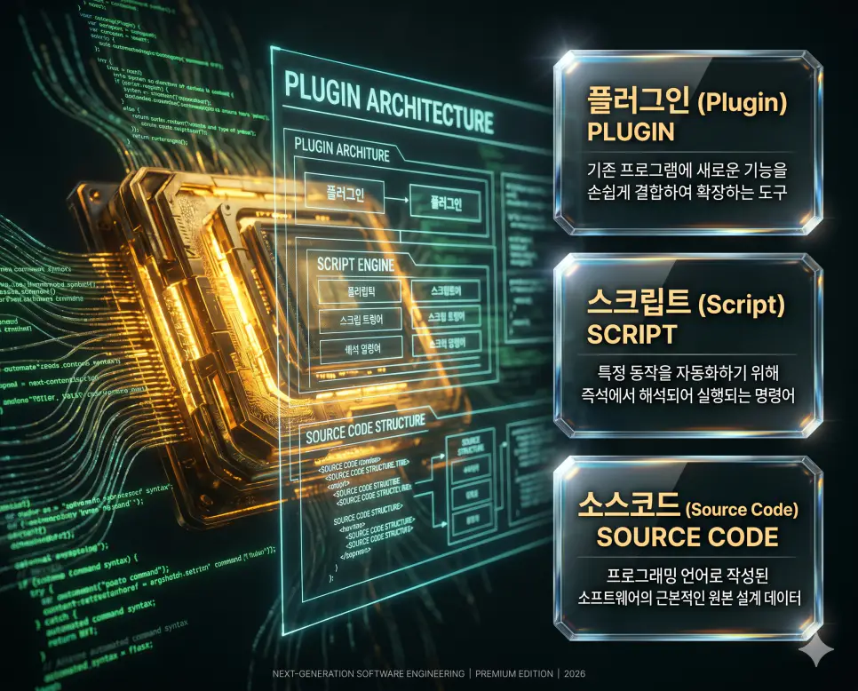 플러그인 뜻, 스크립트 뜻, 소스코드 뜻: 기능 확장 도구와 자동화 명령어 및 설계도 확인 4 한국인 전문가들과 함께 플러그인, 스크립트, 소스코드의 관계를 분석하여 소프트웨어 확장성과 자동화 원리를 진단하는 역대급 비주얼 포스터 이미지
