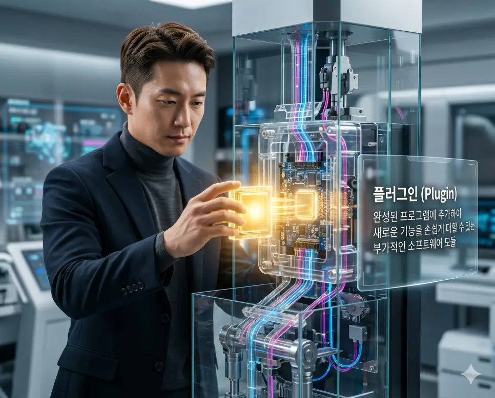 플러그인 뜻, 스크립트 뜻, 소스코드 뜻: 기능 확장 도구와 자동화 명령어 및 설계도 확인 1 플러그인 뜻을 설명하기 위해 한국인 IT 전문가가 시스템 코어에 황금빛 디지털 모듈을 결합하여 새로운 기능을 손쉽게 확장하는 과정을 보여주는 시네마틱 이미지