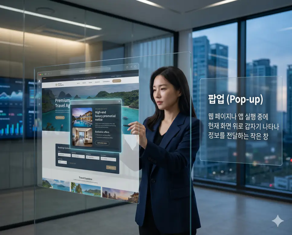 태그 뜻, 팝업 뜻, 위젯 뜻: 데이터 분류 표식과 돌출형 화면 및 요약형 도구 확인 2 팝업 뜻을 시각화하기 위해 한국인 디자이너가 메인 화면 위로 돌출된 고품격 공지 창을 통해 사용자에게 정보를 효과적으로 전달하는 과정을 보여주는 실사 이미지